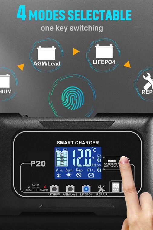 JLLOM 20-Amp Smart Battery Charger,12V-24V Lithium Lifepo4 Lead-Acid(AGM/Gel/SLA) Car Battery Charger Trickle Charger Maintainer Pulse Repair Charger for Car Boat Motorcycle Lawn Mower - Image 8