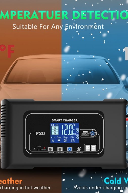 JLLOM 20-Amp Smart Battery Charger,12V-24V Lithium Lifepo4 Lead-Acid(AGM/Gel/SLA) Car Battery Charger Trickle Charger Maintainer Pulse Repair Charger for Car Boat Motorcycle Lawn Mower - Image 9