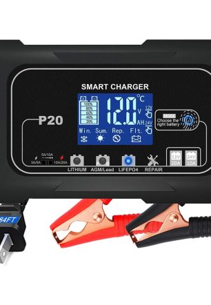 JLLOM 20-Amp Smart Battery Charger,12V-24V Lithium Lifepo4 Lead-Acid(AGM/Gel/SLA) Car Battery Charger Trickle Charger Maintainer Pulse Repair Charger for Car Boat Motorcycle Lawn Mower