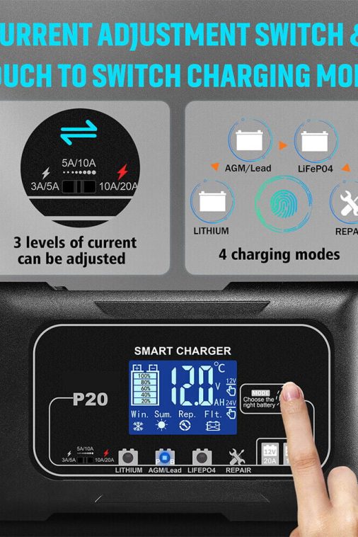 JLLOM 20-Amp Smart Battery Charger,12V-24V Lithium Lifepo4 Lead-Acid(AGM/Gel/SLA) Car Battery Charger Trickle Charger Maintainer Pulse Repair Charger for Car Boat Motorcycle Lawn Mower - Image 16