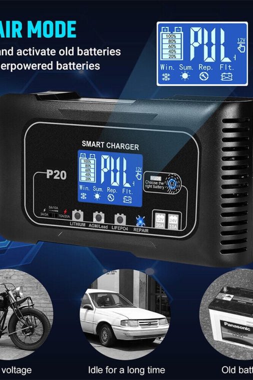 JLLOM 20-Amp Smart Battery Charger,12V-24V Lithium Lifepo4 Lead-Acid(AGM/Gel/SLA) Car Battery Charger Trickle Charger Maintainer Pulse Repair Charger for Car Boat Motorcycle Lawn Mower - Image 11