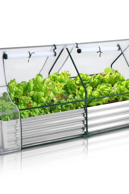 Galvanized Raised Garden Bed with Greenhouse, 6 x 3 x 3 FT Open Bottom Flower Bed with Mesh Cover, Outdoor Garden Box Kit with 2 Roll-Up Doors, for Garden Yard Vegetable Farm