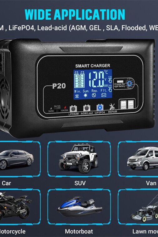 JLLOM 20-Amp Smart Battery Charger,12V-24V Lithium Lifepo4 Lead-Acid(AGM/Gel/SLA) Car Battery Charger Trickle Charger Maintainer Pulse Repair Charger for Car Boat Motorcycle Lawn Mower - Image 12